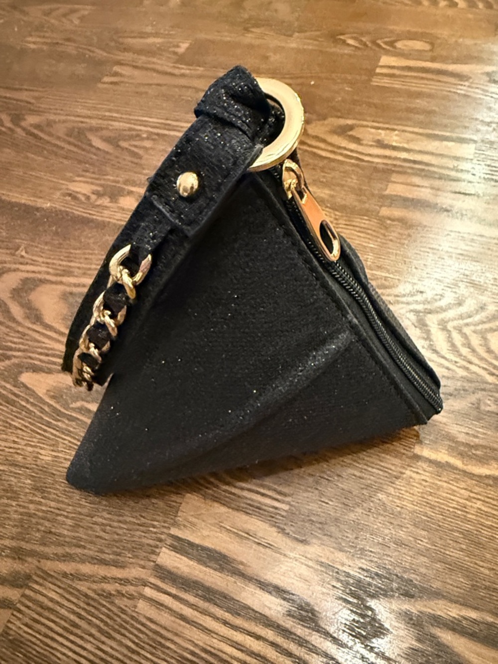 Black Pyramid Wristlet Bag with Gold Hardware
